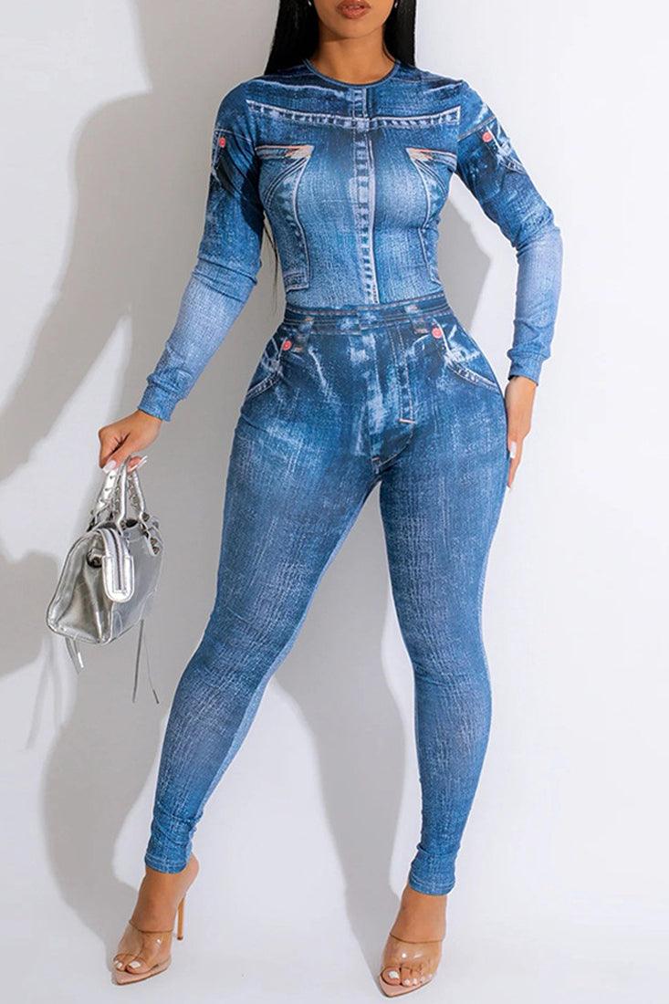 Blue Denim Print Long Sleeve Full Length Back Zipper Stretchy Fitted Jumpsuit - AMIClubwear