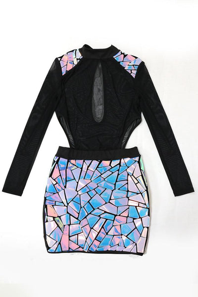 Black Mesh Holographic Patches Sexy Cut-Out Club Wear Dress - AMIClubwear