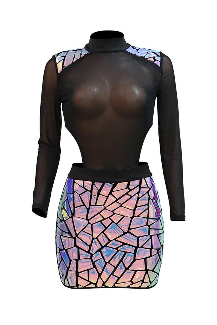 Black Mesh Holographic Patches Sexy Cut-Out Club Wear Dress - AMIClubwear