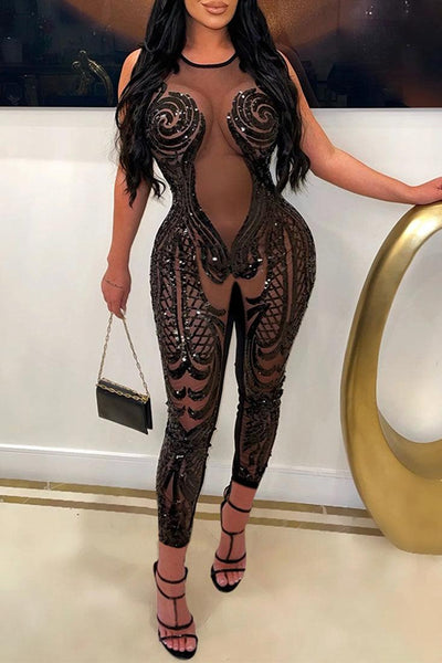 Black Sequin Sheer Mesh Stretchy Fitted Sexy Party Jumpsuit Outfit - AMIClubwear