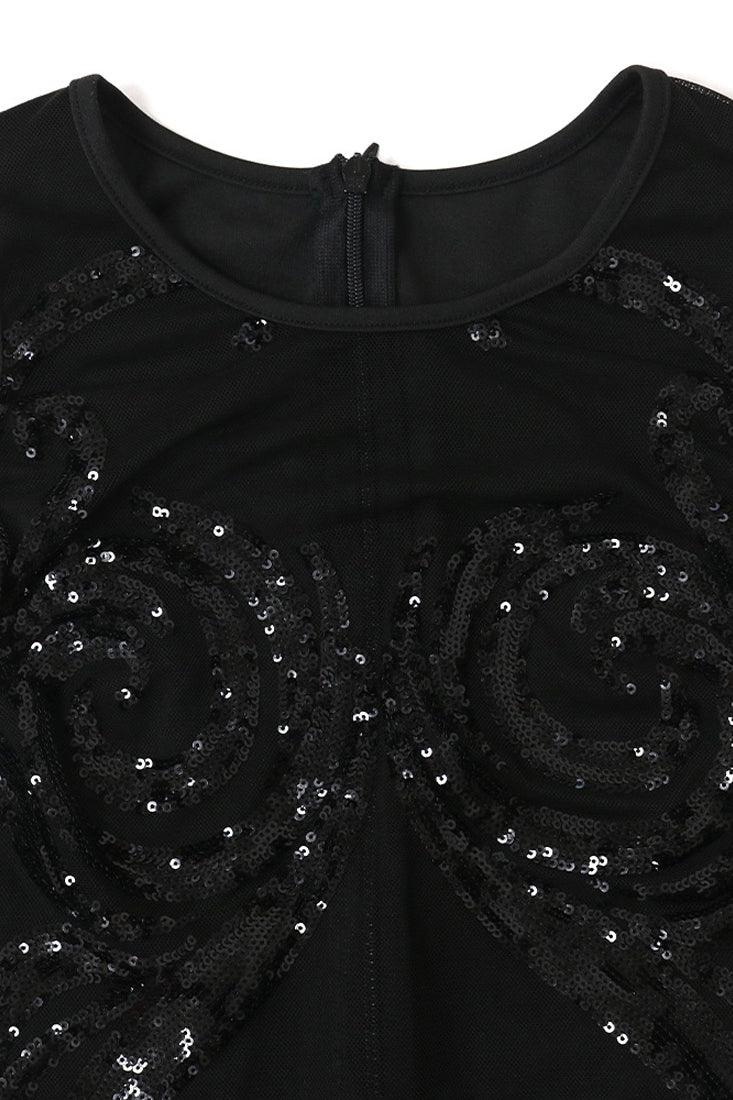 Black Sequin Sheer Mesh Stretchy Fitted Sexy Party Jumpsuit Outfit - AMIClubwear