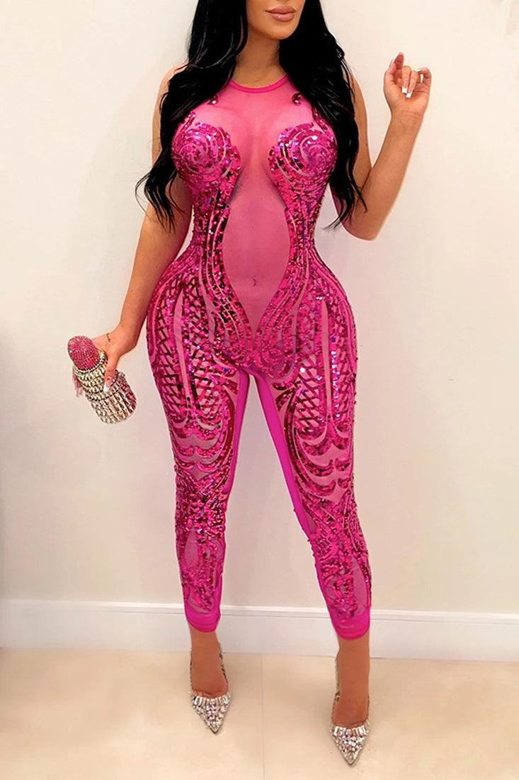 Hot Pink Sequin Sheer Mesh Stretchy Fitted Sexy Party Jumpsuit Outfit - AMIClubwear