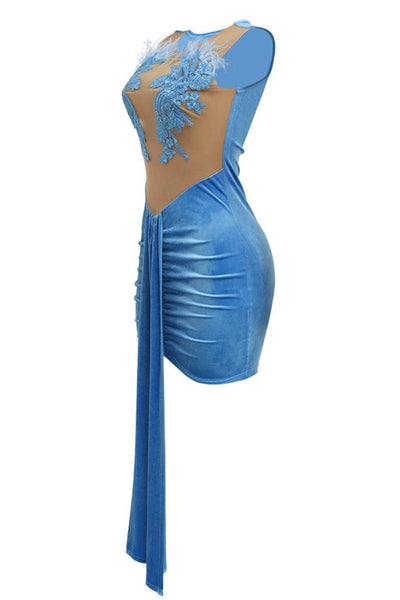 Blue Velvet Crochet Feather Nude Mesh Ruched Sexy Drape Party Dress - AMIClubwear