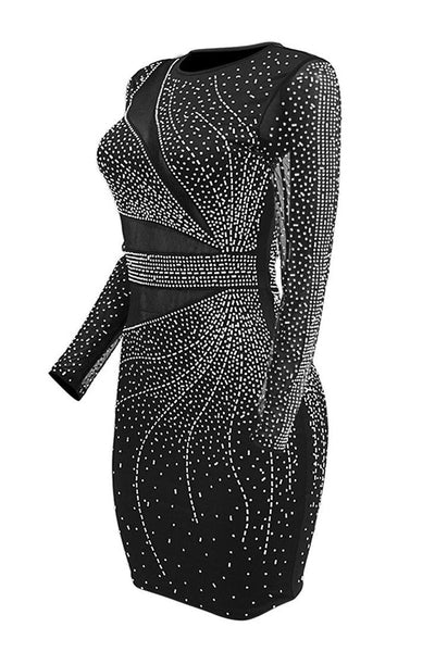 Black Lux Mesh Cut Out Rhinestone Baguette Diamond Sexy Party Dress - AMIClubwear