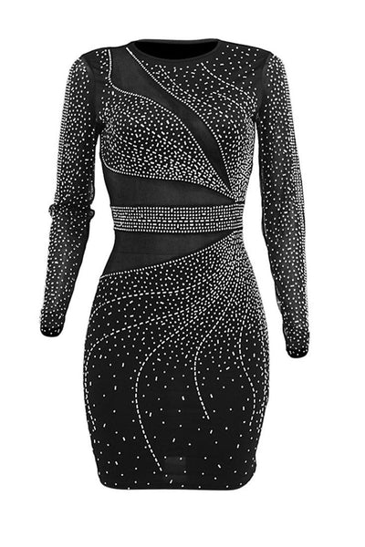 Black Lux Mesh Cut Out Rhinestone Baguette Diamond Sexy Party Dress - AMIClubwear