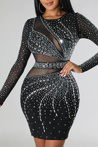 Black Lux Mesh Cut Out Rhinestone Baguette Diamond Sexy Party Dress - AMIClubwear