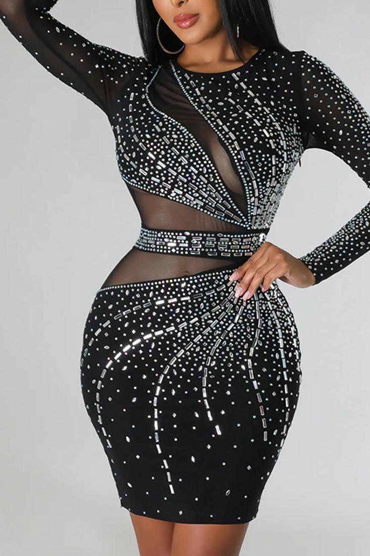 Black Lux Mesh Cut Out Rhinestone Baguette Diamond Sexy Party Dress - AMIClubwear