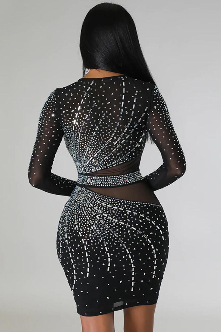 Black Lux Mesh Cut Out Rhinestone Baguette Diamond Sexy Party Dress - AMIClubwear