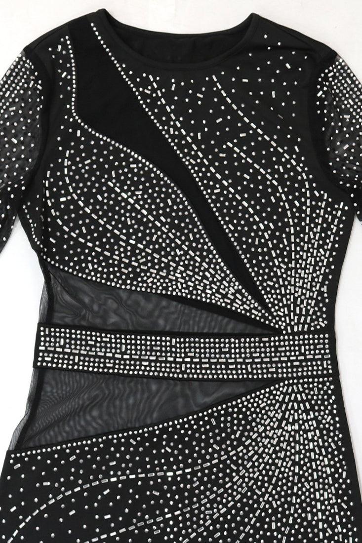 Black Lux Mesh Cut Out Rhinestone Baguette Diamond Sexy Party Dress - AMIClubwear