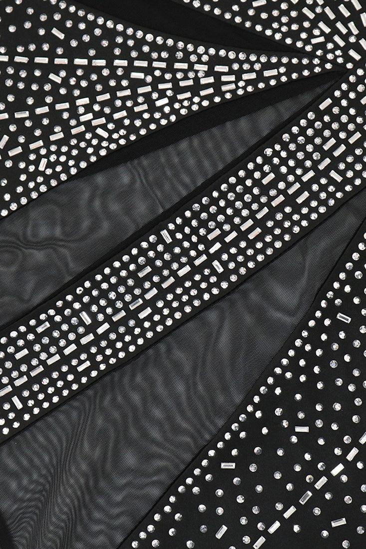 Black Lux Mesh Cut Out Rhinestone Baguette Diamond Sexy Party Dress - AMIClubwear