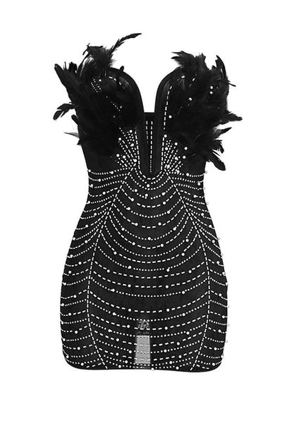 Black Rhinestone Pearl Feather Wired Plunging V Neck Sexy Mesh Dress - AMIClubwear