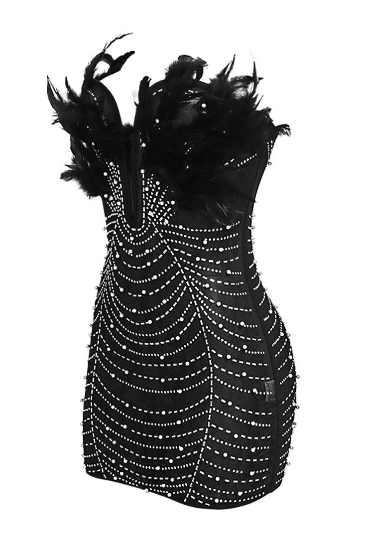 Black Rhinestone Pearl Feather Wired Plunging V Neck Sexy Mesh Dress - AMIClubwear