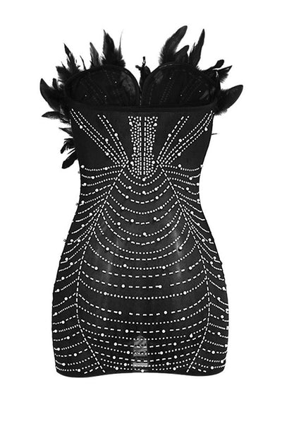 Black Rhinestone Pearl Feather Wired Plunging V Neck Sexy Mesh Dress - AMIClubwear