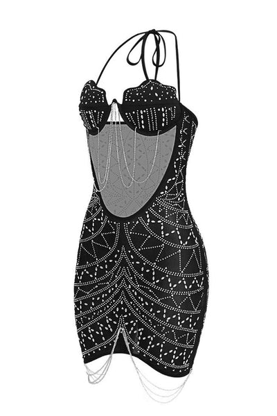 Black V-Wire Shell Shape Push Up Cut-Out Mesh Rhinestone Chain Sexy Party Dress