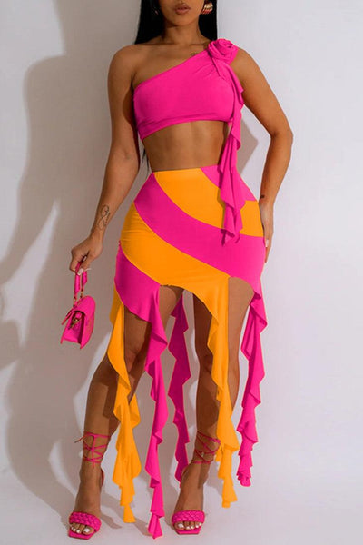 Pink Orange Ruffle Rose One Shoulder Trendy 2Pc Sexy Dress - AMIClubwear