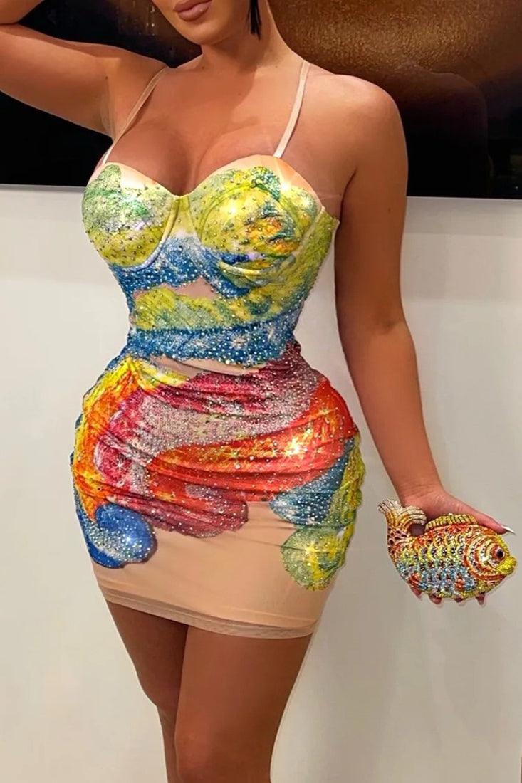 Rainbow Multi Rhinestone Padded Push Up Fitted Sexy Party Dress - AMIClubwear