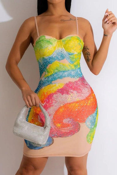 Rainbow Multi Rhinestone Padded Push Up Fitted Sexy Party Dress - AMIClubwear