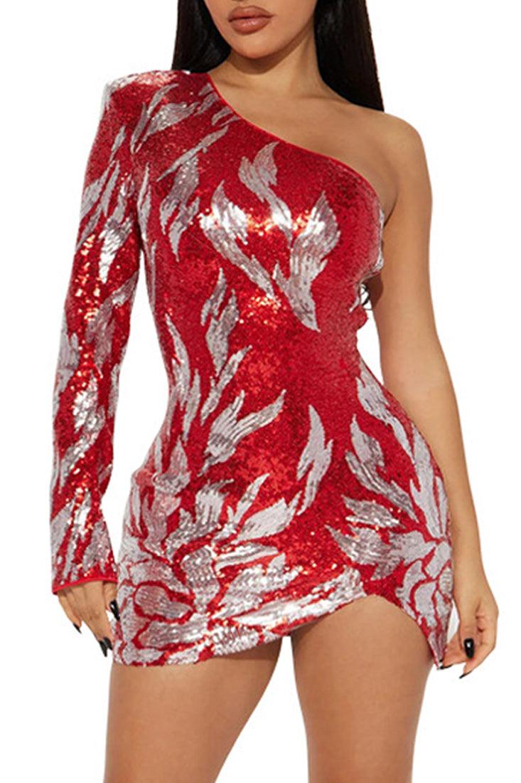 Red Two Tone Sequin One Sleeve Slit Sexy Mini Party Dress - AMIClubwear