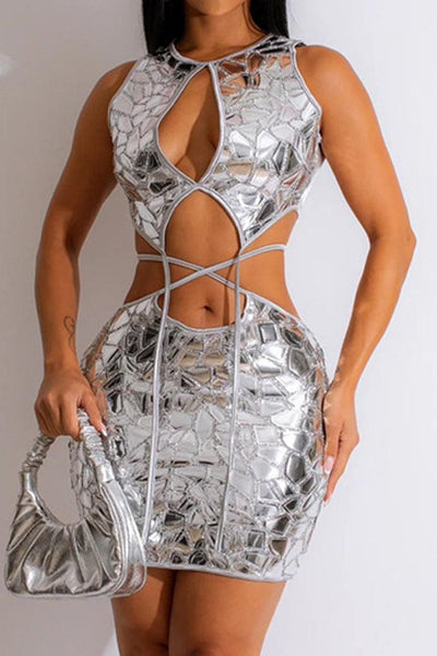 Silver Metallic Patch Strappy Cut-Out 2 Pc Satin Dress Outfit - AMIClubwear