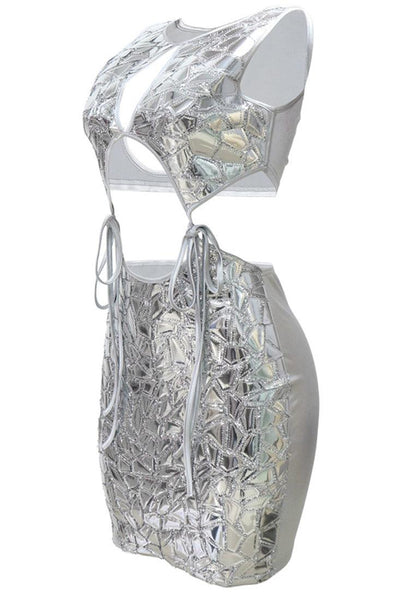 Silver Metallic Patch Strappy Cut-Out 2 Pc Satin Dress Outfit - AMIClubwear