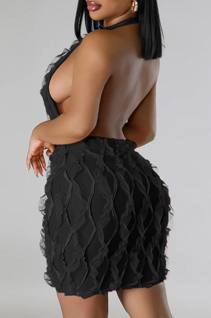 Black Textured Plunging Halter Sexy Backless Party Dress
