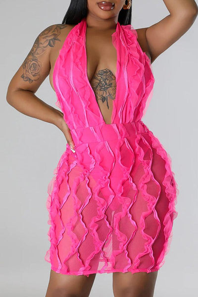 Pink Textured Plunging Halter Sexy Backless Party Dress