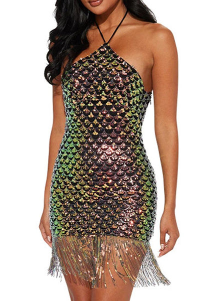 Black Mermaid Multi Scale Sequin Halter Fringe Sexy Party Dress - AMIClubwear