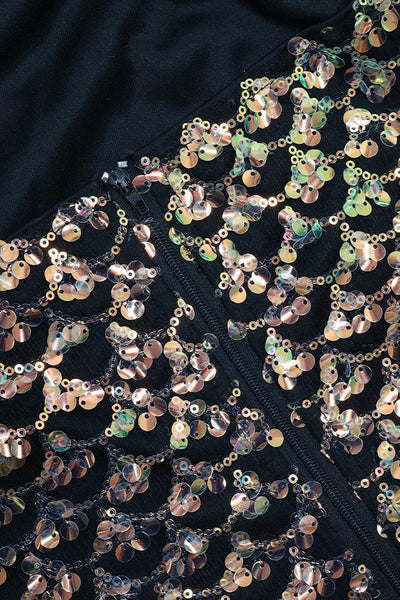 Black Mermaid Multi Scale Sequin Halter Fringe Sexy Party Dress