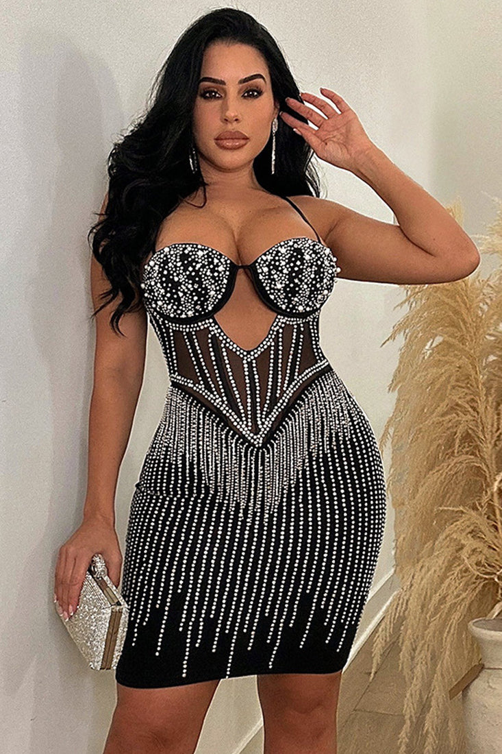 Black Rhinestone Pearl Mesh Cut-Out Sexy Fitted Party Dress