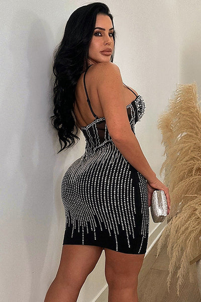 Black Rhinestone Pearl Mesh Cut-Out Sexy Fitted Party Dress