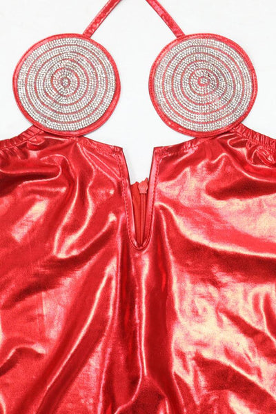 Red Metallic Rhinestone V Cut Halter Sexy Fitted Party Dress - AMIClubwear