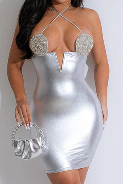 Silver Metallic Rhinestone V Cut Halter Sexy Fitted Party Dress - AMIClubwear