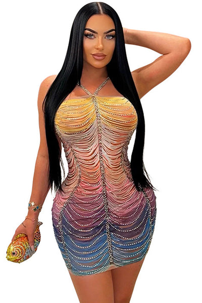 Rainbow Multi Rhinestones Sexy Fitted Party Dress