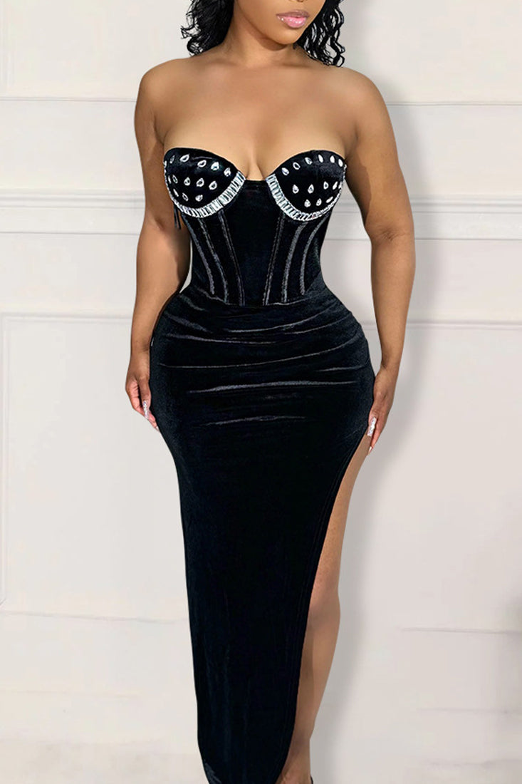 Black Velvet Rhinestone Strapless Boned Corset High Slit Sexy Maxi Party Dress