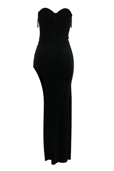 Black Velvet Rhinestone Strapless Boned Corset High Slit Sexy Maxi Party Dress