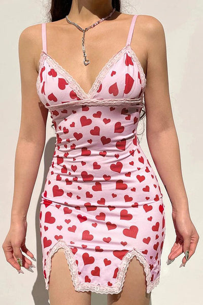 Pink Red Heart Print Lace Sleeveless Slits Fitted Sexy Dress - AMIClubwear