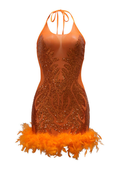 Orange Sequin Mesh Halter Backless Feather Hem Sexy Party Dress