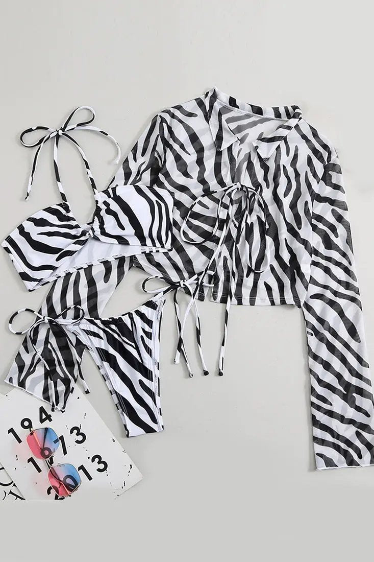 Black White Zebra Halter Cheeky Bikini Cover-Up 3Pc Swimsuit Set