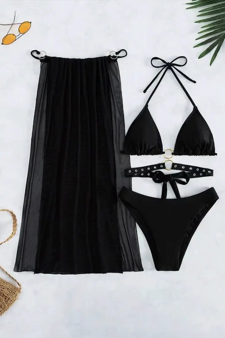 Black Strappy Grommet Top Cheeky Bottom Long Cover-Up 3Pc Swimsuit Set