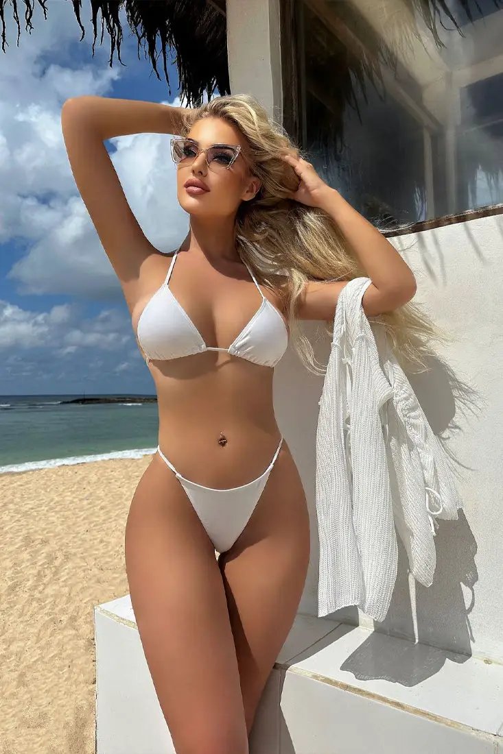 White Triangle Thong Bikini Set Crochet O-Ring Cover-Up Dress 3Pc Swimsuit Set