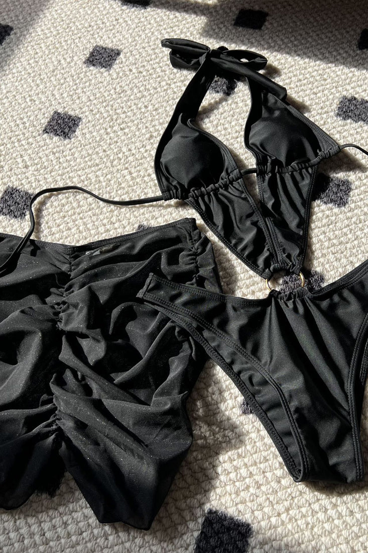 Black Plunging V Monokini Ruched Mesh Skirt Cover-Up 2Pc Swim Set
