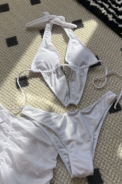 White Plunging V Monokini Ruched Mesh Skirt Cover-Up 2Pc Swim Set