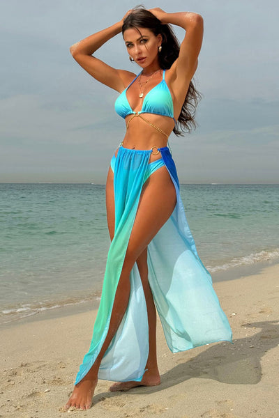 Blue Tie Dye Gold Chain Cheeky Maxi Skirt Cover-Up 3Pc Swimsuit Set