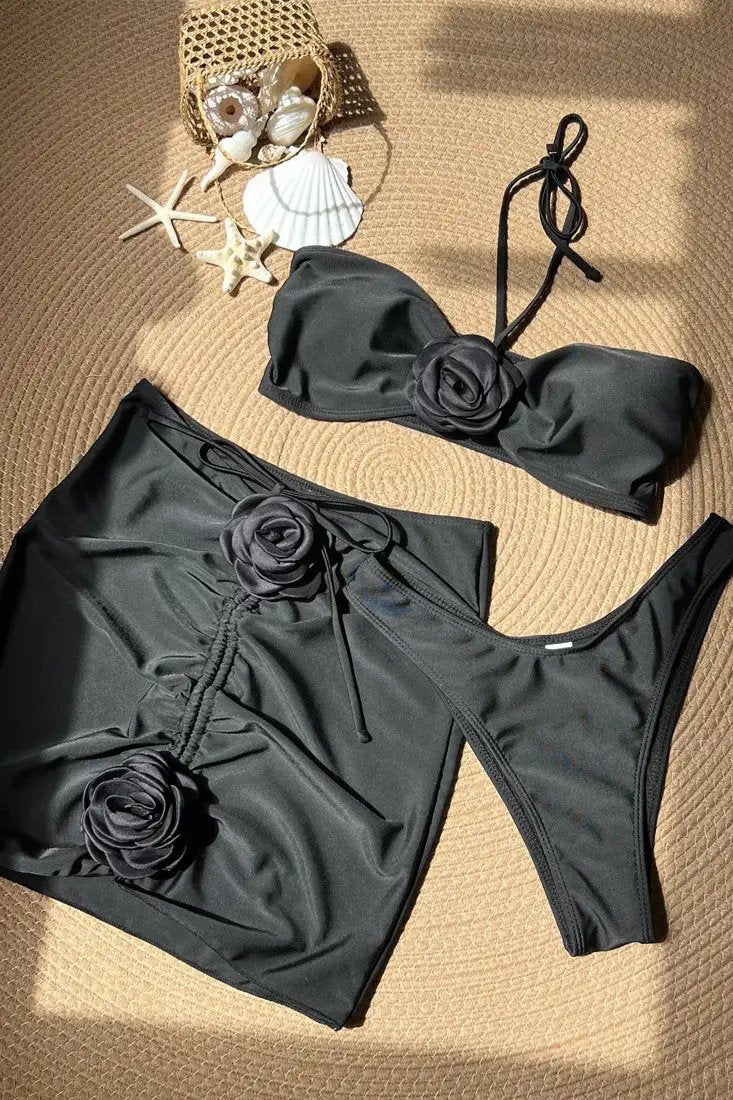 Black Rosette Halter Cheeky Drawstring Skirt Cover-Up 3Pc Swimsuit Set
