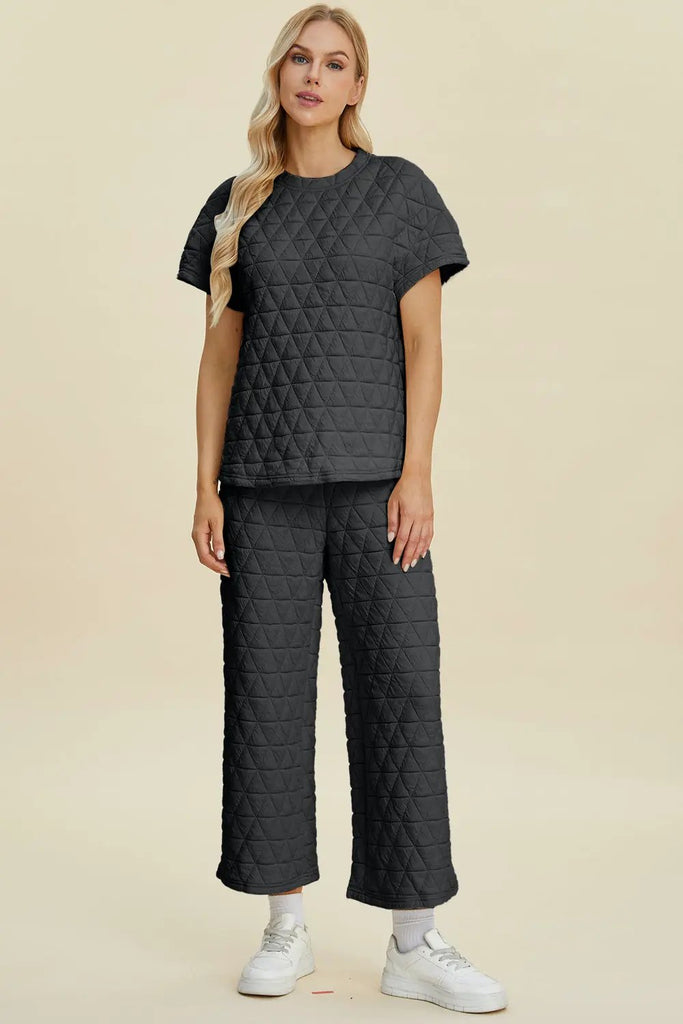 Double Take Full Size Texture Round Neck Short Sleeve Top and Pants Set