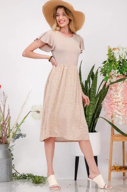 Celeste Plus Size Polka Dot Round Neck Flutter Sleeve Midi Dress
