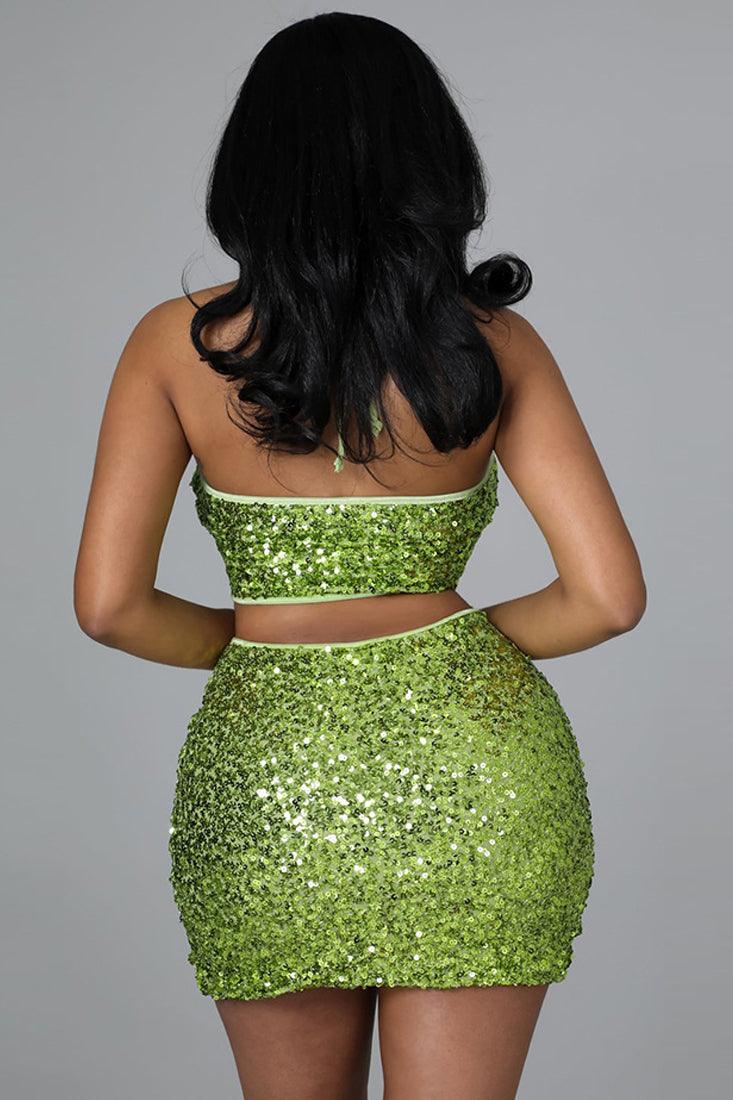 Green Sequin Halter Crop Top Skirt Sexy 2Pc Dress