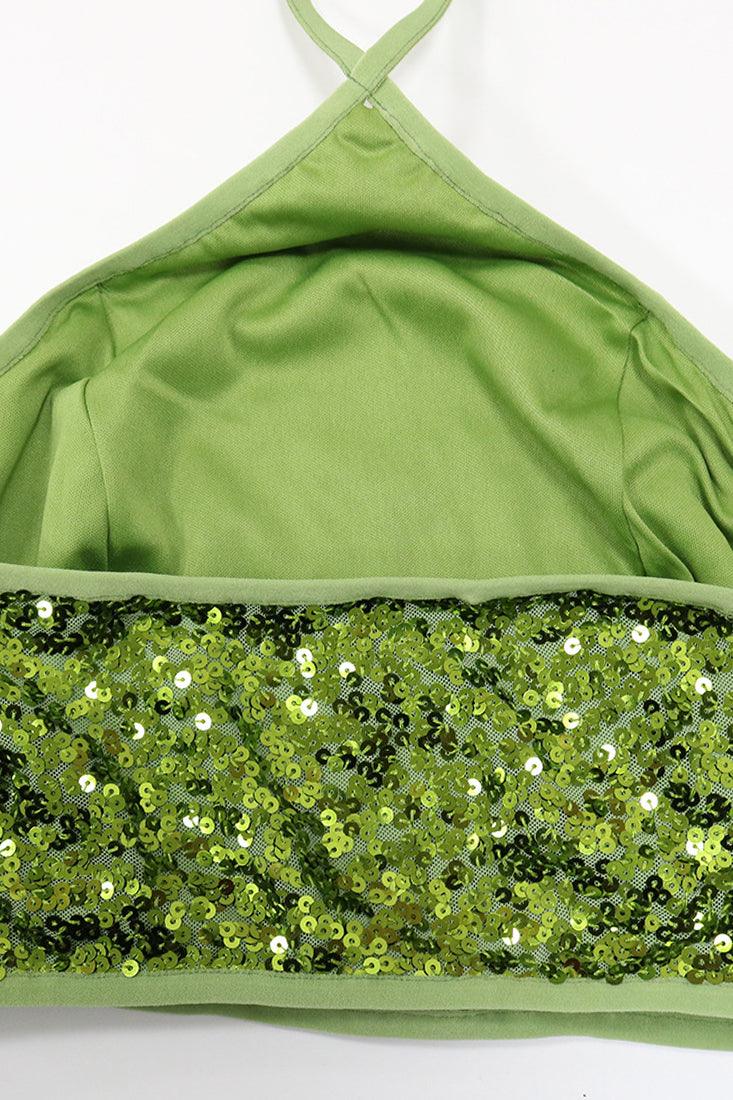 Green Sequin Halter Crop Top Skirt Sexy 2Pc Dress - AMIClubwear