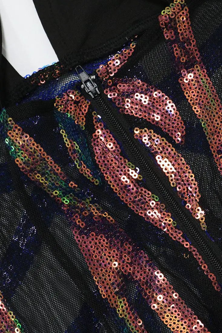 Black Mermaid Holographic Plunging Full Length Maxi Sexy Party Dress