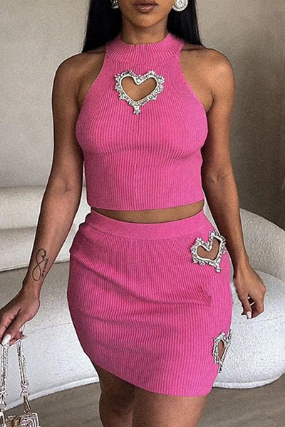 Pink Ribbed Sleeveless Rhinestone Hearts Top Skirt 2Pc Dress Outfit - AMIClubwear